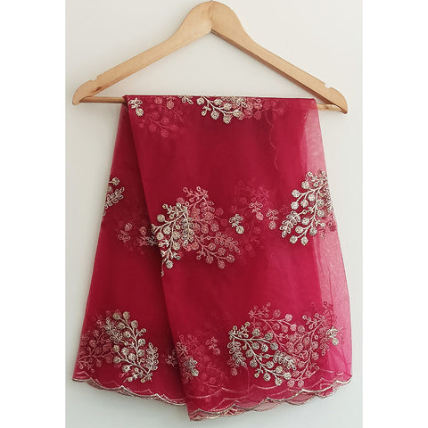 India Scarve's Net Cut Goldan Embroidered Floral Design Red Dupatta