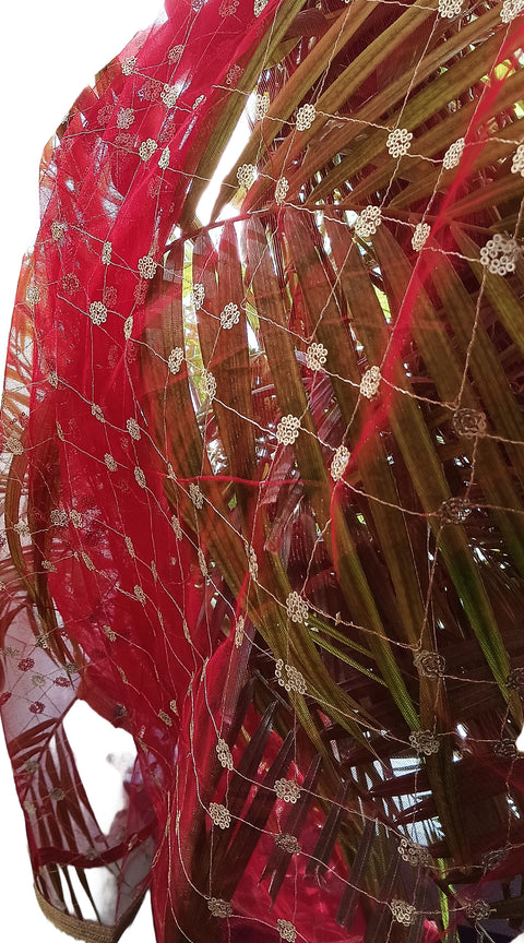 India Scarve's Nylon Net Embroidered ruby red Colour Dupatta for Women - 240x100 cm