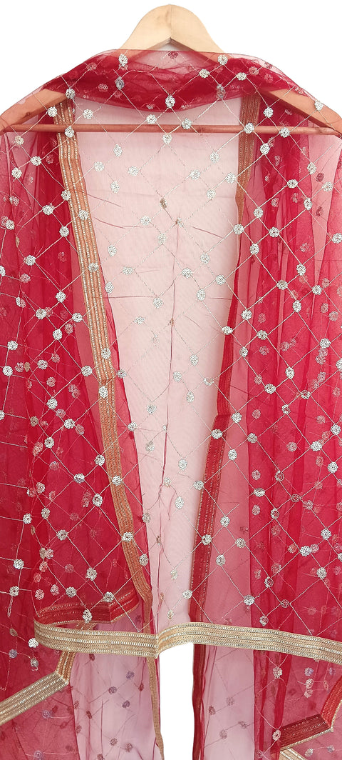 India Scarve's Nylon Net Embroidered ruby red Colour Dupatta for Women - 240x100 cm
