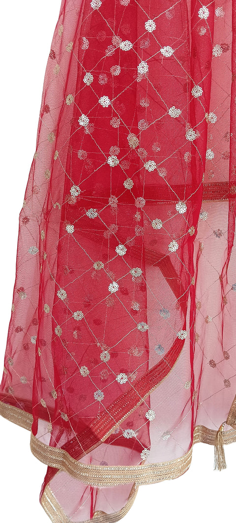 India Scarve's Nylon Net Embroidered ruby red Colour Dupatta for Women - 240x100 cm