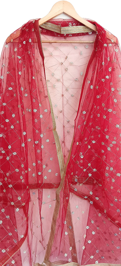 India Scarve's Nylon Net Embroidered ruby red Colour Dupatta for Women - 240x100 cm