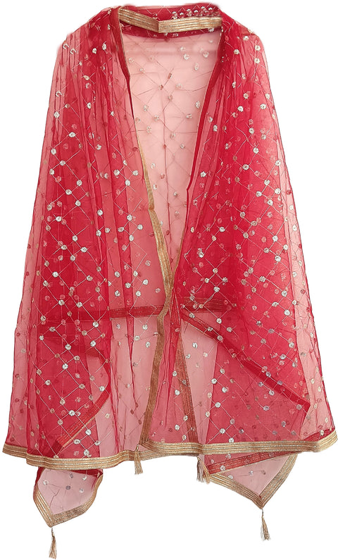 India Scarve's Nylon Net Embroidered ruby red Colour Dupatta for Women - 240x100 cm