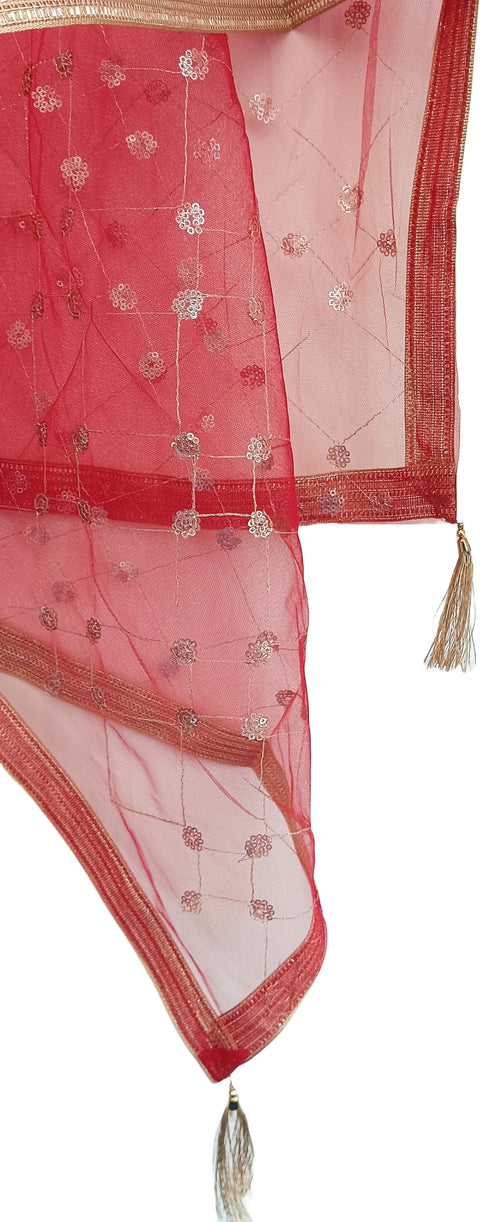 India Scarve's Nylon Net Embroidered Red Colour Dupatta for Women - 240x100 cm