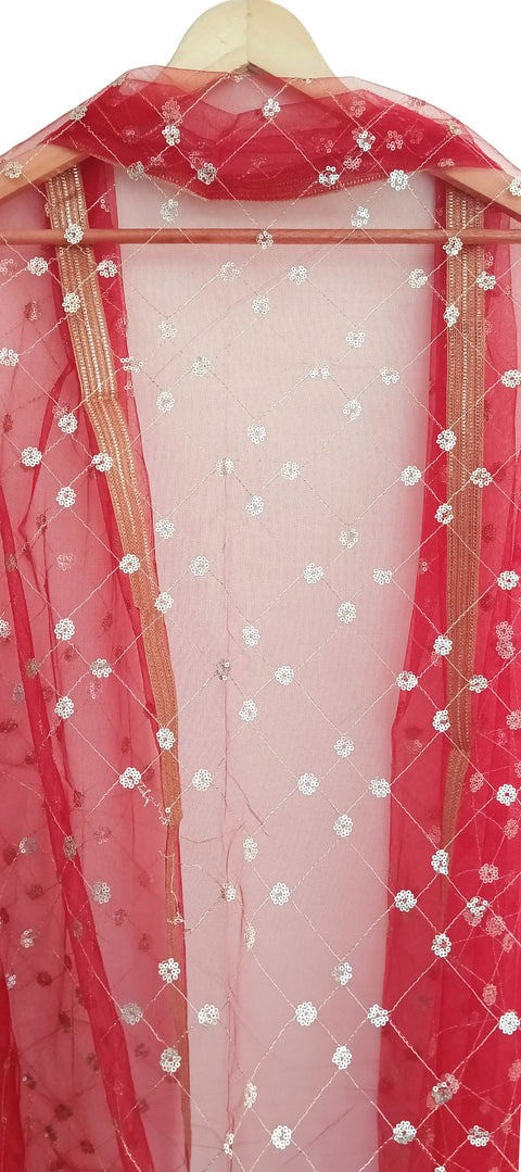 India Scarve's Nylon Net Embroidered Red Colour Dupatta for Women - 240x100 cm