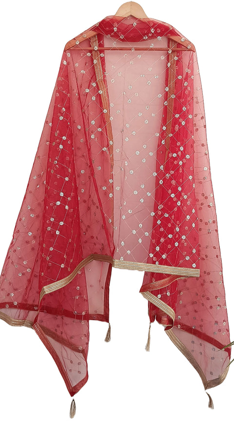 India Scarve's Nylon Net Embroidered Red Colour Dupatta for Women - 240x100 cm