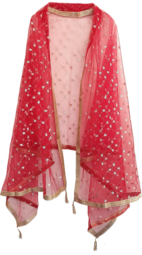 India Scarve's Nylon Net Embroidered Red Colour Dupatta for Women - 240x100 cm