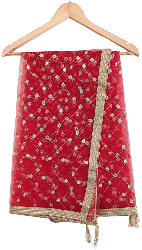 India Scarve's Nylon Net Embroidered Red Colour Dupatta for Women - 240x100 cm