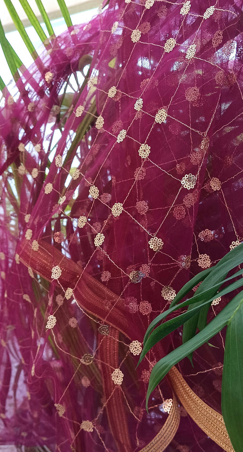 India Scarve's Nylon Net Embroidered  Burgandy Colour Dupatta for Women - 240x100 cm