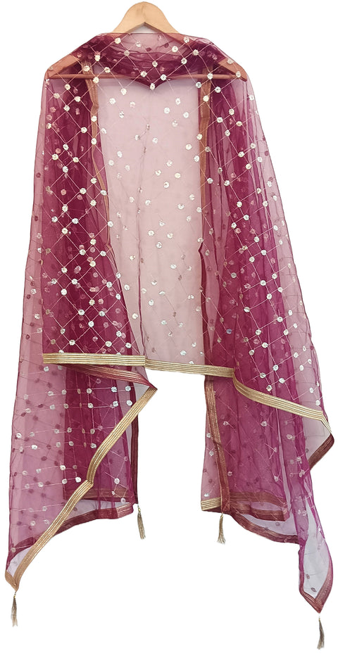 India Scarve's Nylon Net Embroidered  Burgandy Colour Dupatta for Women - 240x100 cm