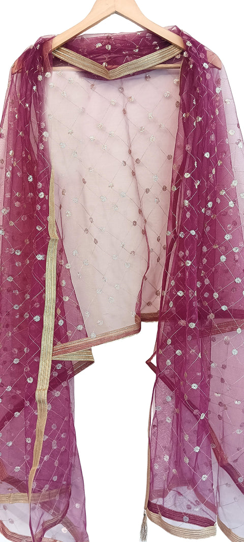 India Scarve's Nylon Net Embroidered  Burgandy Colour Dupatta for Women - 240x100 cm
