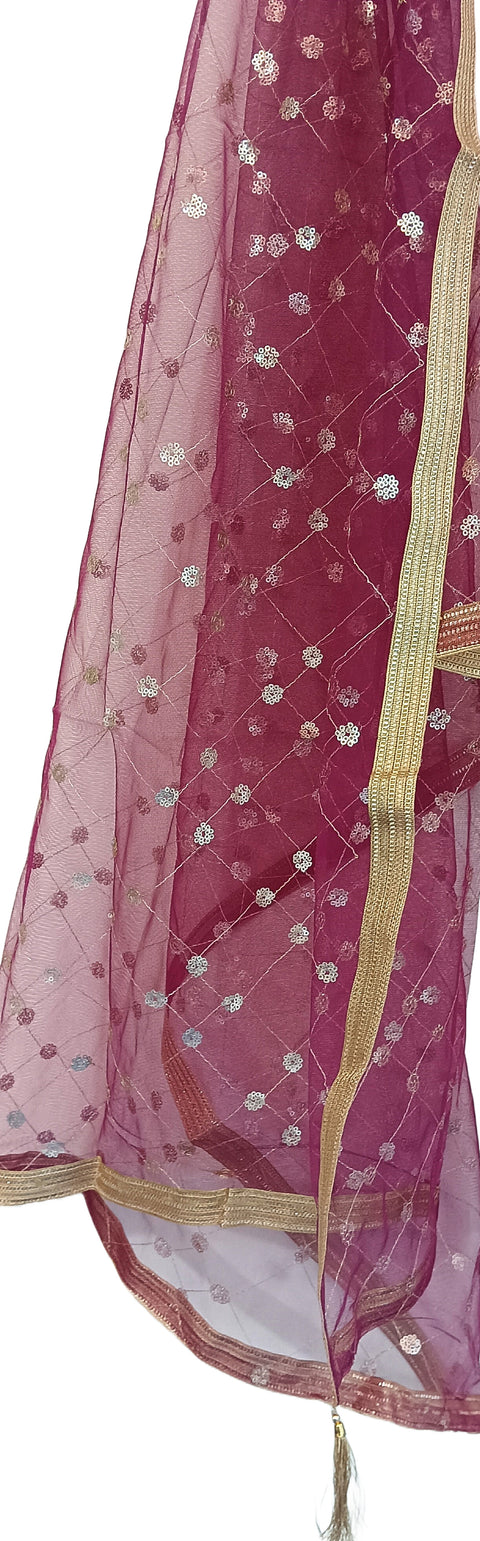 India Scarve's Nylon Net Embroidered  Burgandy Colour Dupatta for Women - 240x100 cm