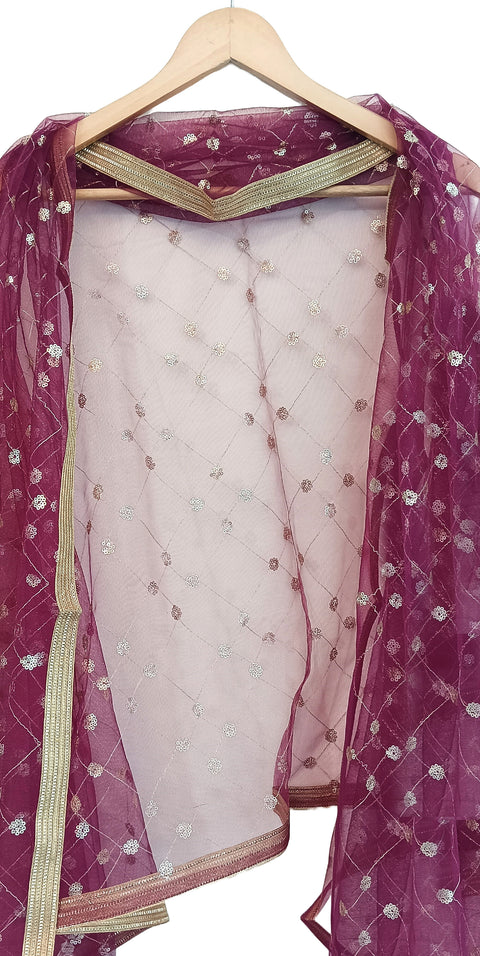 India Scarve's Nylon Net Embroidered  Burgandy Colour Dupatta for Women - 240x100 cm