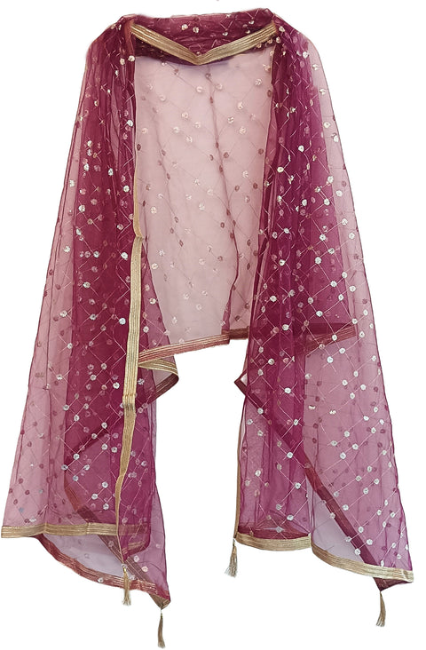 India Scarve's Nylon Net Embroidered  Burgandy Colour Dupatta for Women - 240x100 cm