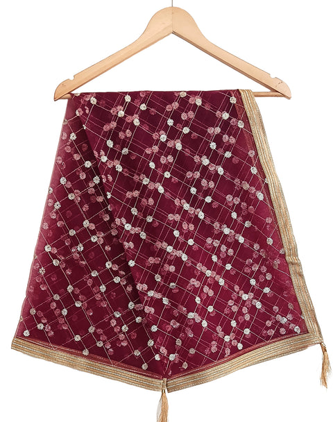 India Scarve's Nylon Net Embroidered  Burgandy Colour Dupatta for Women - 240x100 cm