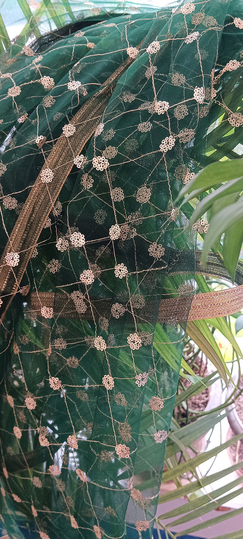 India Scarve's Nylon Net Embroidered Dark Green Colour Dupatta for Women - 240x100 cm