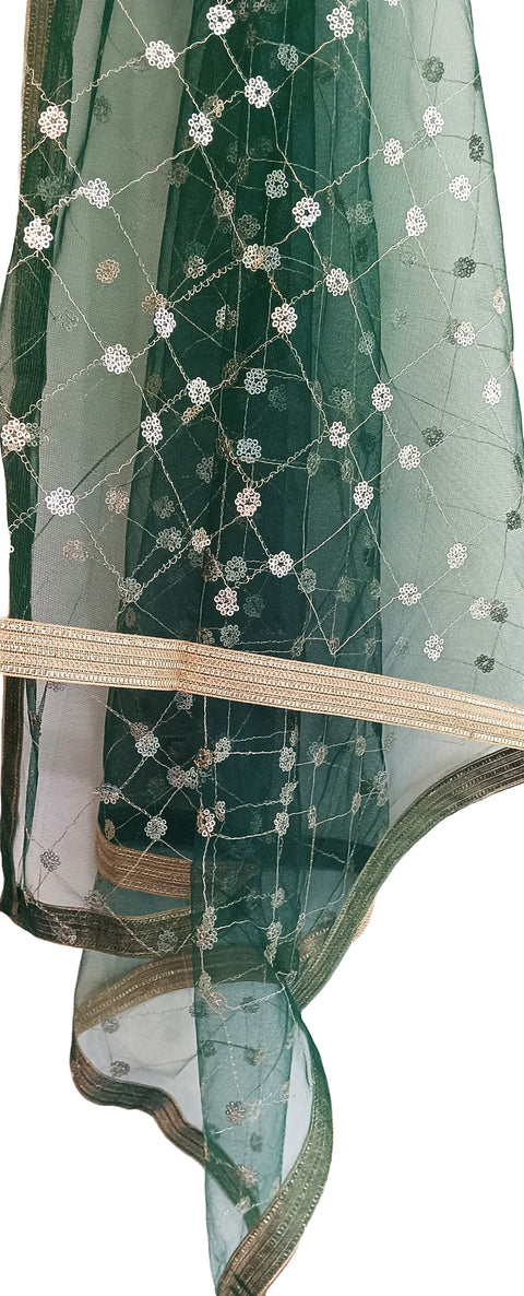 India Scarve's Nylon Net Embroidered Dark Green Colour Dupatta for Women - 240x100 cm