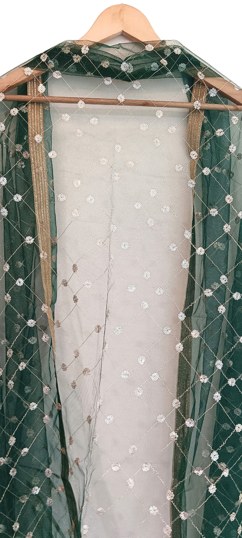 India Scarve's Nylon Net Embroidered Dark Green Colour Dupatta for Women - 240x100 cm