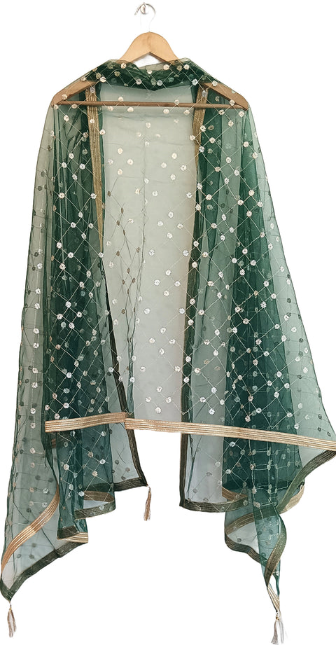 India Scarve's Nylon Net Embroidered Dark Green Colour Dupatta for Women - 240x100 cm