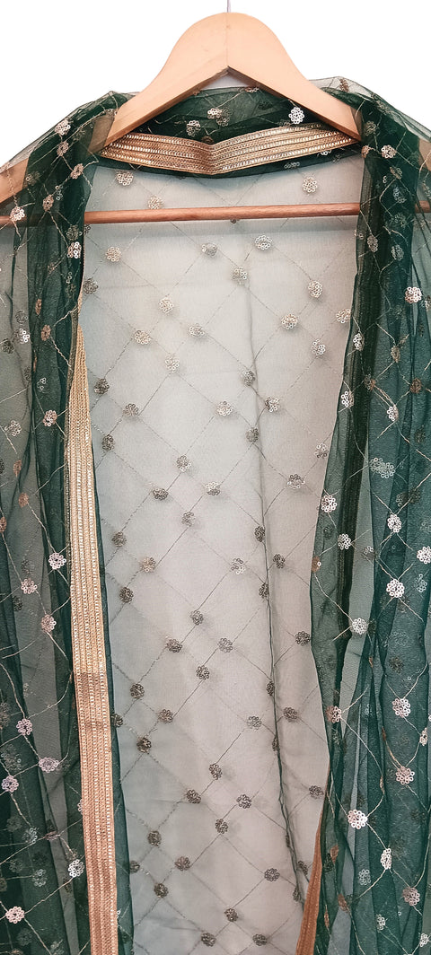 India Scarve's Nylon Net Embroidered Dark Green Colour Dupatta for Women - 240x100 cm