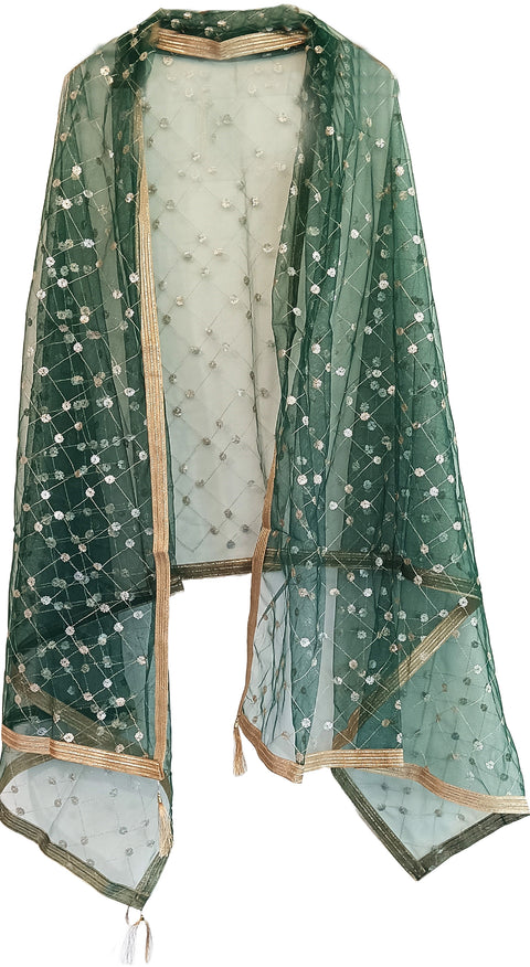 India Scarve's Nylon Net Embroidered Dark Green Colour Dupatta for Women - 240x100 cm