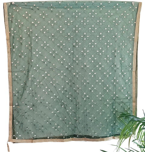 India Scarve's Nylon Net Embroidered Dark Green Colour Dupatta for Women - 240x100 cm