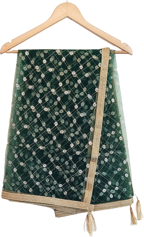India Scarve's Nylon Net Embroidered Dark Green Colour Dupatta for Women - 240x100 cm