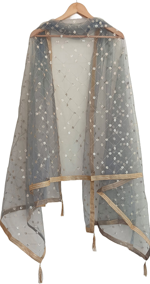 India Scarve's Nylon Net Embroidered Slate Colour Dupatta for Women - 240x100 cm