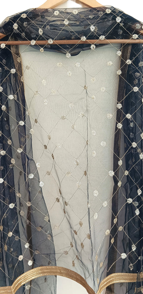 India Scarve's Nylon Net Embroidered Charcoal Colour Dupatta for Women - 240x100 cm