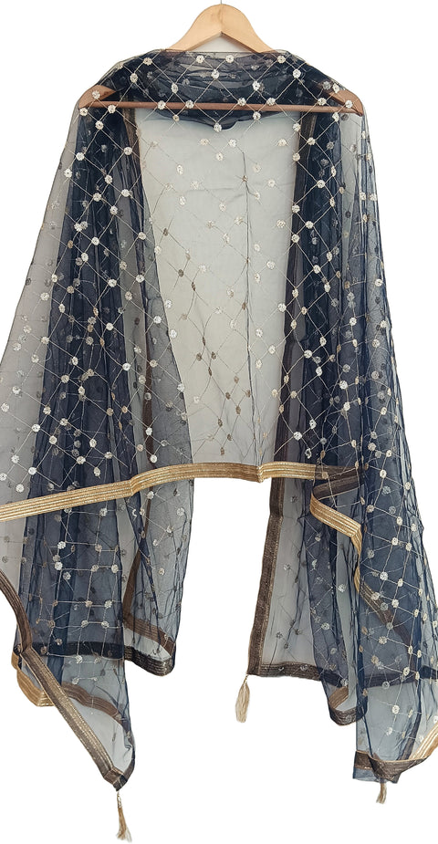 India Scarve's Nylon Net Embroidered Charcoal Colour Dupatta for Women - 240x100 cm