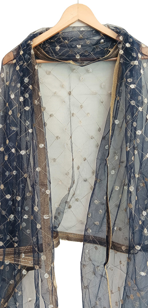 India Scarve's Nylon Net Embroidered Charcoal Colour Dupatta for Women - 240x100 cm
