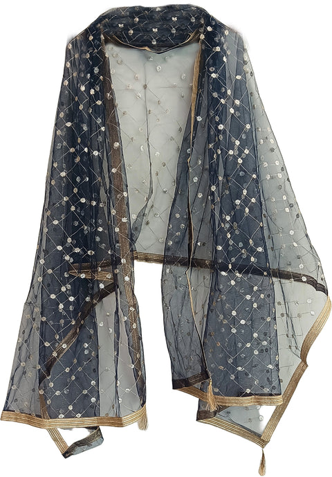 India Scarve's Nylon Net Embroidered Charcoal Colour Dupatta for Women - 240x100 cm