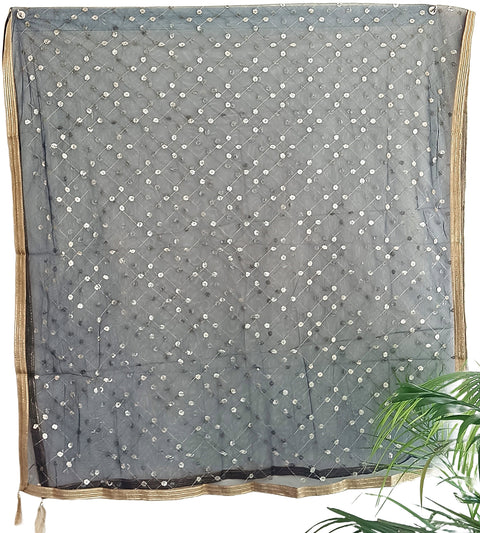 India Scarve's Nylon Net Embroidered Charcoal Colour Dupatta for Women - 240x100 cm