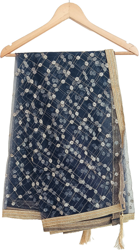 India Scarve's Nylon Net Embroidered Charcoal Colour Dupatta for Women - 240x100 cm