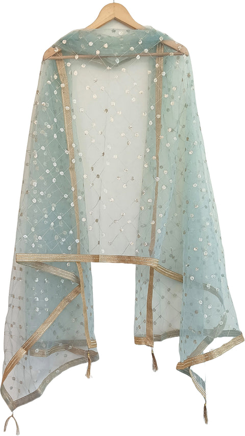 India Scarve's Nylon Net Embroidered Emerald Green Colour Dupatta for Women - 240x100 cm