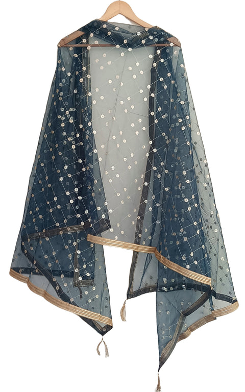 India Scarve's Nylon Net Embroidered Green Colour Dupatta for Women - 240x100 cm