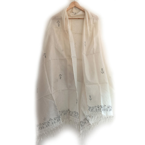 Women's Bastar Pure Kosa Silk White Embroidery Tassels Stole