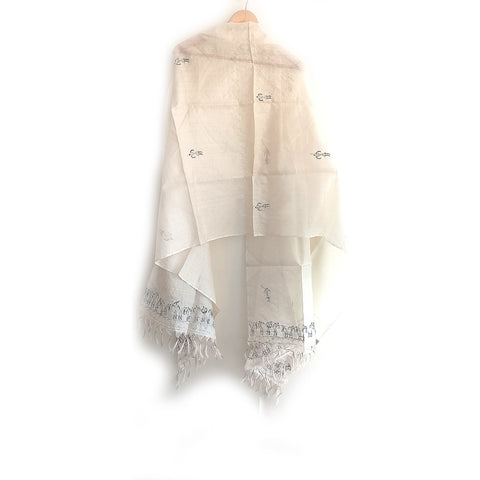 Women's Bastar Pure Kosa Silk White Embroidery Tassels Stole