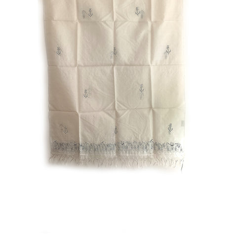 Women's Bastar Pure Kosa Silk White Embroidery Tassels Stole