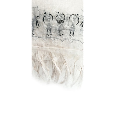 Women's Bastar Pure Kosa Silk White Embroidery Tassels Stole