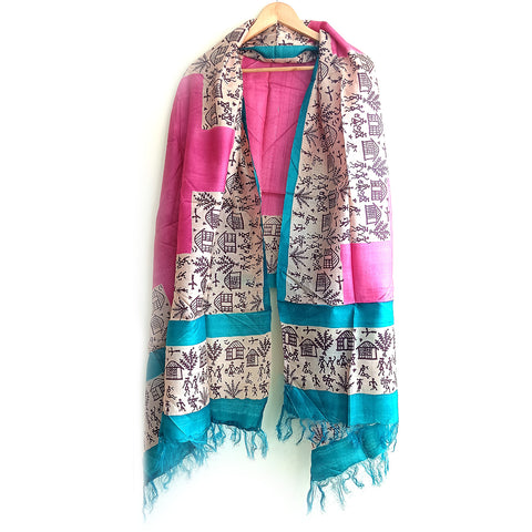 Women's Bastar Pure Kosa Silk Tribal Print Tassels Stole