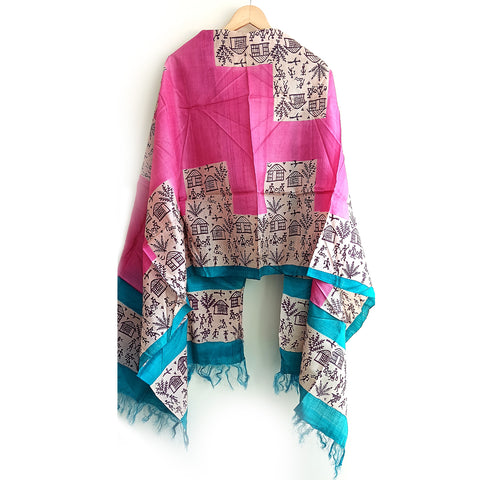 Women's Bastar Pure Kosa Silk Tribal Print Tassels Stole