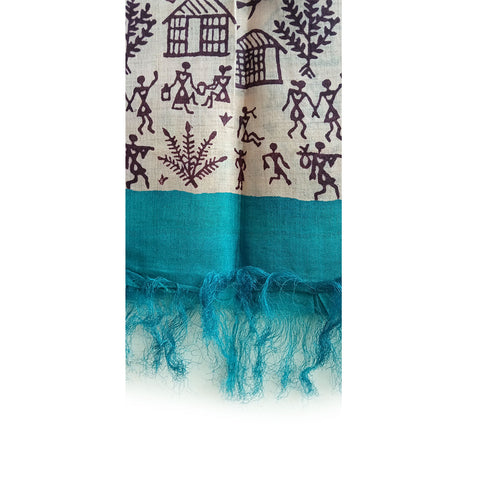 Women's Bastar Pure Kosa Silk Tribal Print Tassels Stole