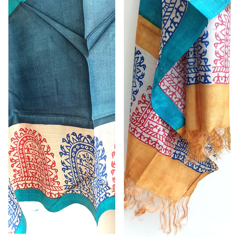 Women's Bastar Pure Kosa Silk Tribal Print Tassels Stole