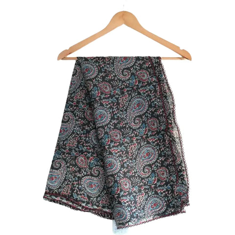 Traditional Ajrakh Print Cotton Stole, Mandala Pattern with Tassels