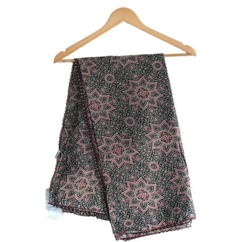 Traditional Ajrakh Print Cotton Stole, Colour 2, Mandala Pattern with Tassels