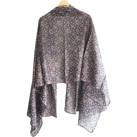 Traditional Ajrakh Print Cotton Stole, Colour 3, Mandala Pattern with Tassels