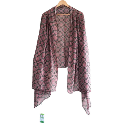 Traditional Ajrakh Print Cotton Stole, Colour 4, Mandala Pattern with Tassels
