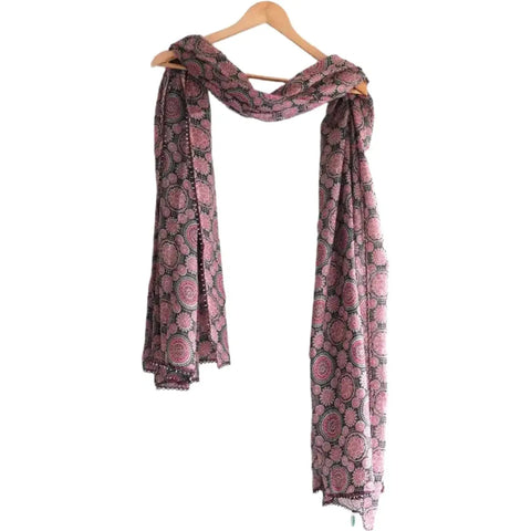 Traditional Ajrakh Print Cotton Stole, Colour 4, Mandala Pattern with Tassels