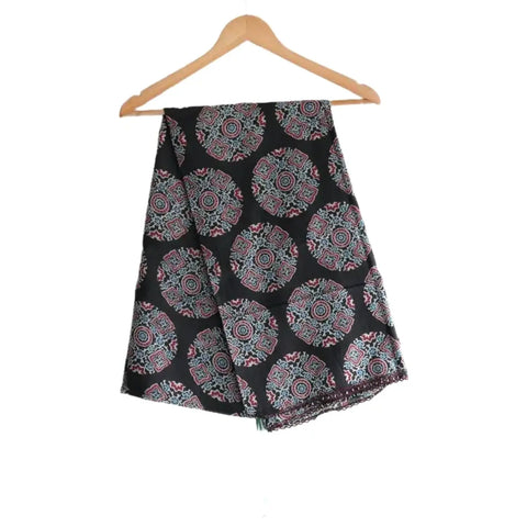 Traditional Ajrakh Print Cotton Stole, Colour 7, Mandala Pattern with Tassels