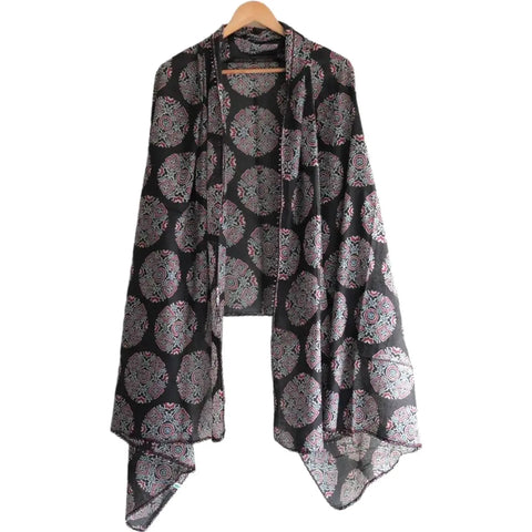 Traditional Ajrakh Print Cotton Stole, Colour 7, Mandala Pattern with Tassels